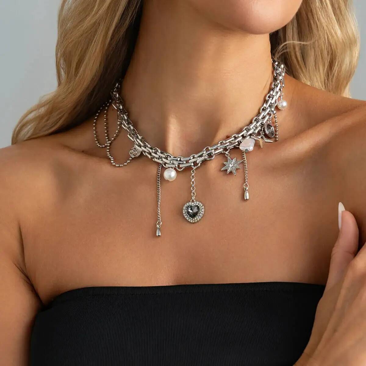Pearl Choker Necklace Vintage - SHIXIN Y2K Snowflake Heart Tassel Necklace