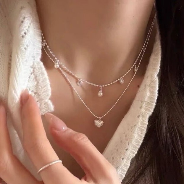 Double Layer Silver Bead Choke - đánh giá và giá Layered Pendant Necklace Aesthetic