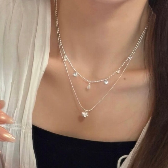 Double Layer Silver Bead Choke - đánh giá và giá Layered Pendant Necklace Aesthetic